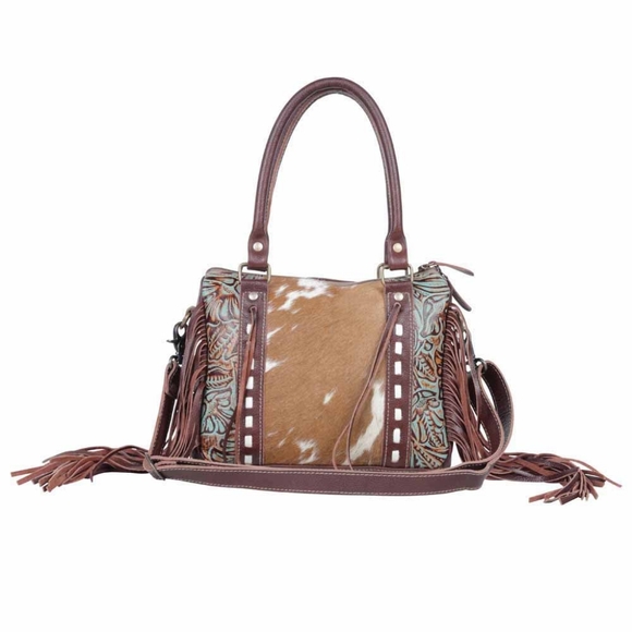 Myra Bag Brown and Tan Handbag with Fringe and Studs - Picture 1 of 6